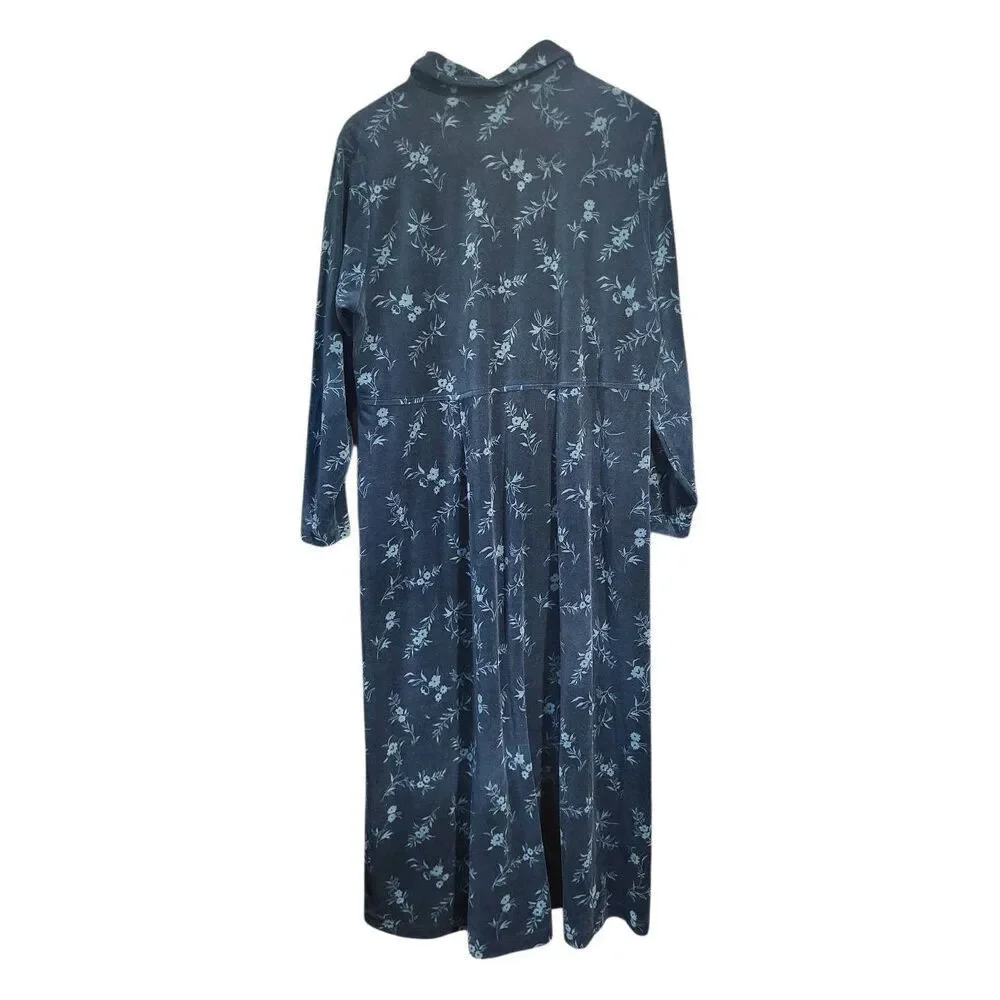 Vintage 90s L.L. Bean Dress Women's 16 Green Floral Velour Velvet Maxi